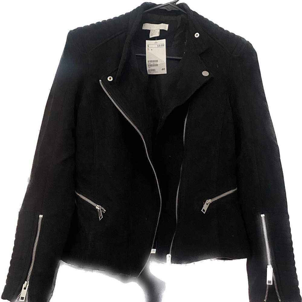 H&M Faux Suede Moto Jacket Black Sz 8